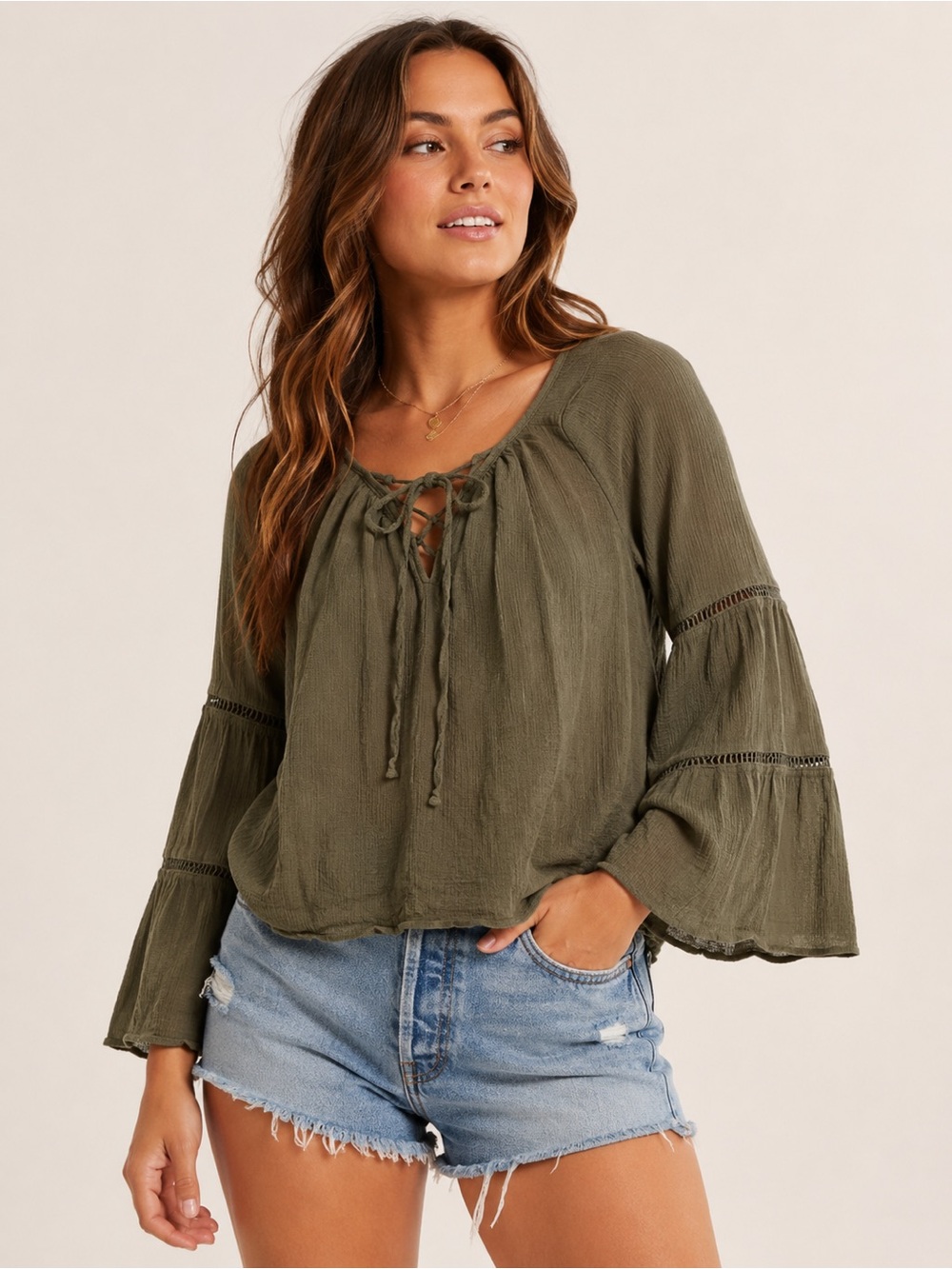 Hollister Olive Green Peasant Blouse Size Small Boho
